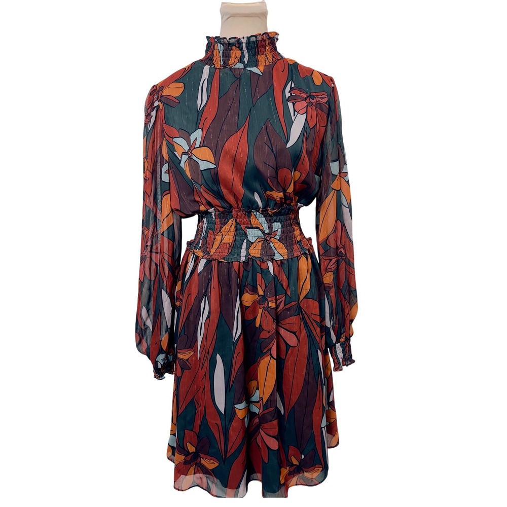 Forest Lily Womens Floral Mock Neck Smocked Waist Dress Small Lurex Pinstripe
